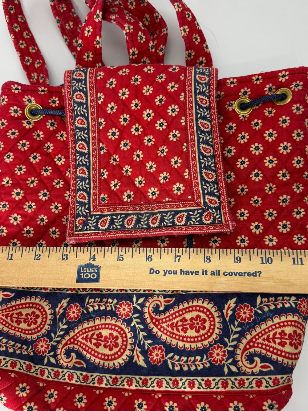 VTG Vera Bradley Mimi Flap Drawstring Backpack Red Americana Paisley Quilted - Picture 13 of 13